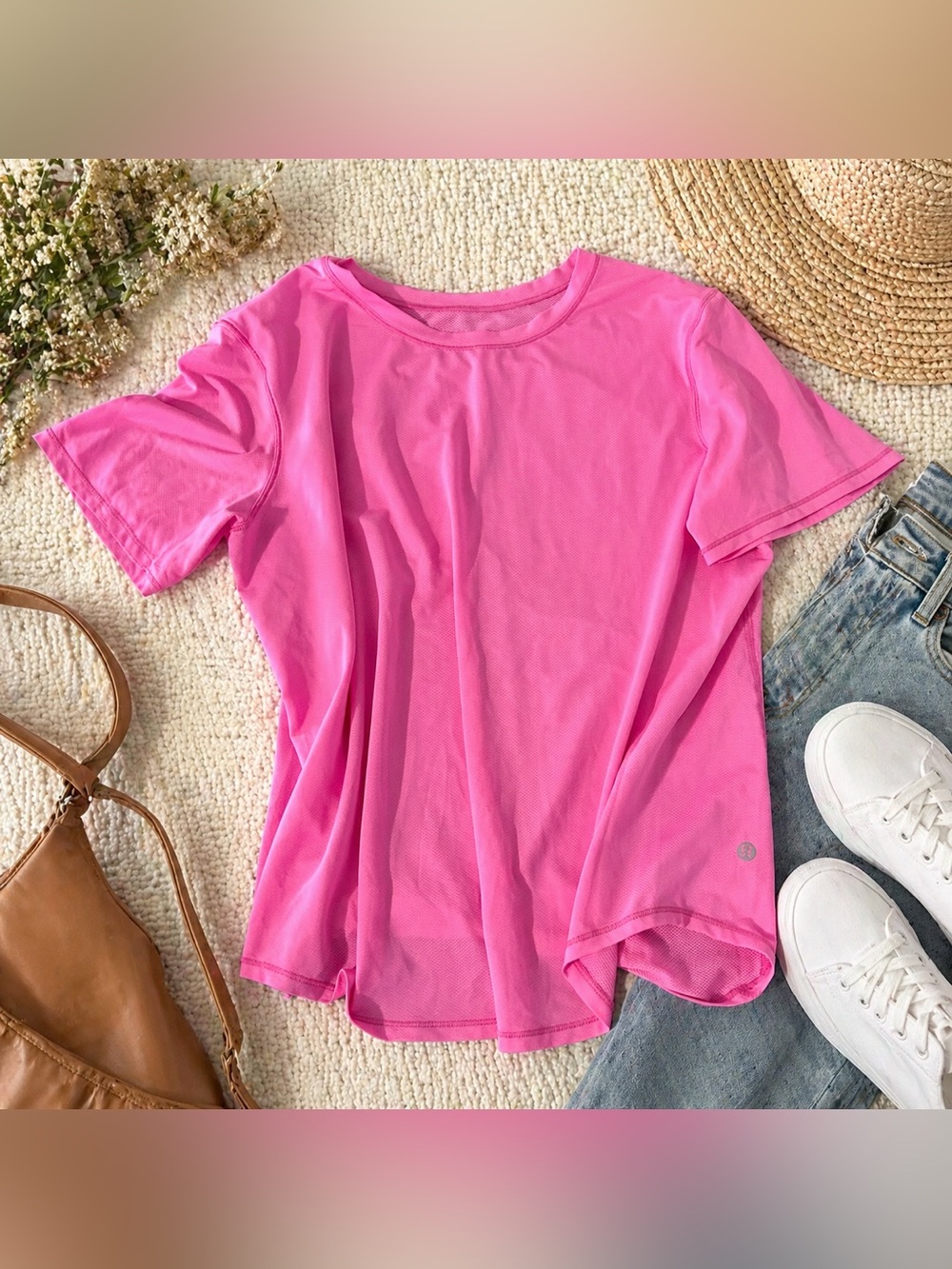 Hot Pink Short Sleeve Athletic Top | Breathable Mesh Performance Tee Size S